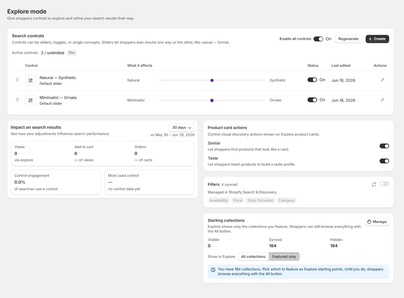 Explore mode admin page with semantic controls, filters, starting collections, and product-card actions.