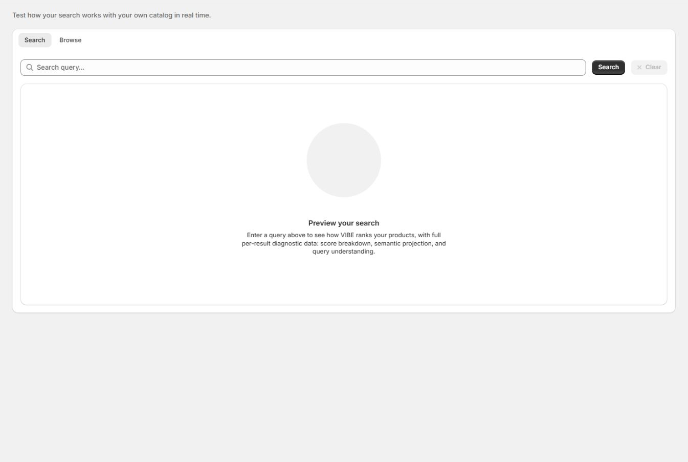 The complete Search Preview admin page before a diagnostic query is run.