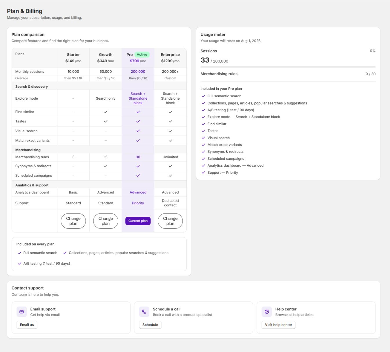 Plan and Billing admin page with subscription, session allowance, usage, and plan controls.