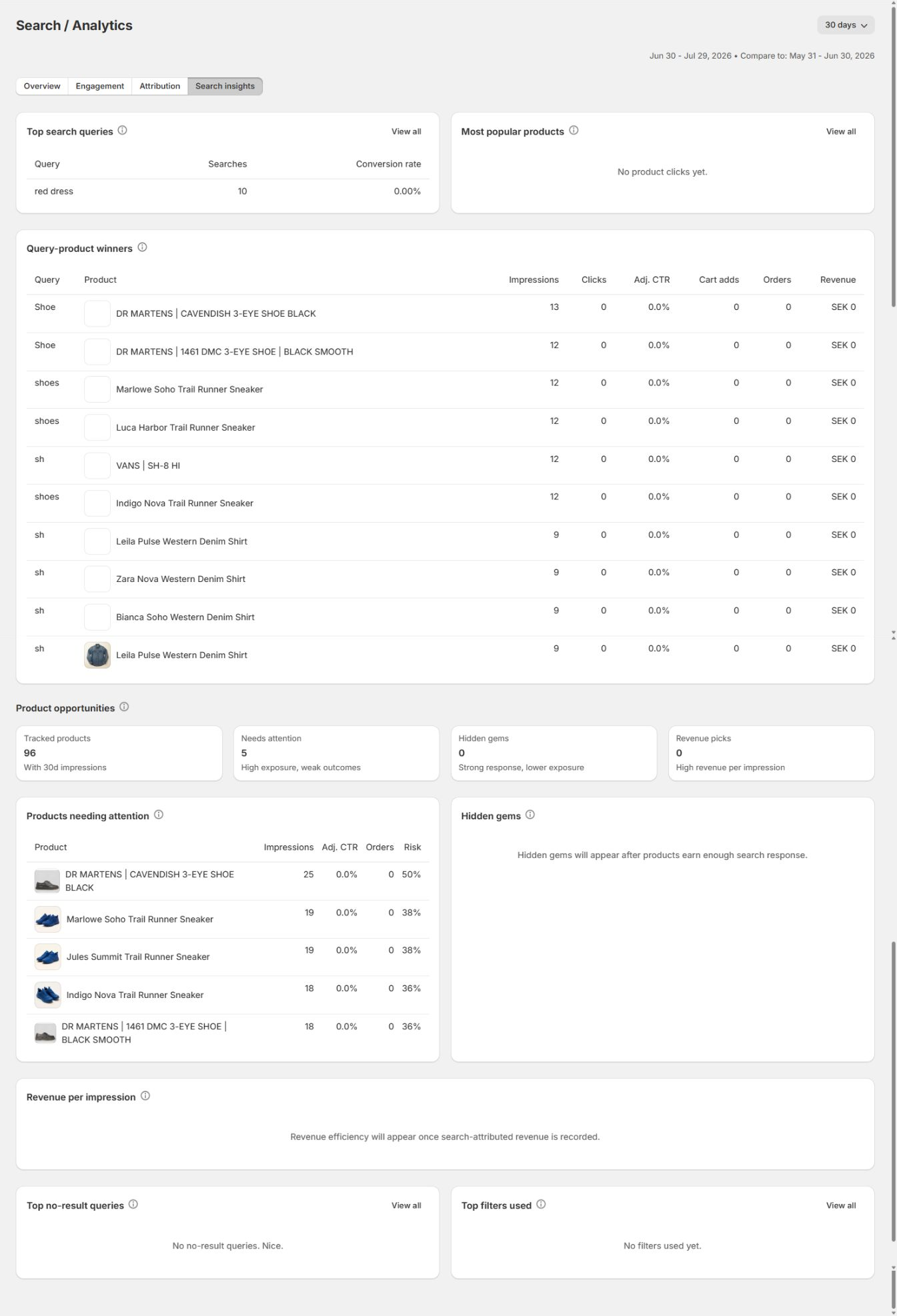 The complete Search insights tab, including query, product, no-result, and filter tables.