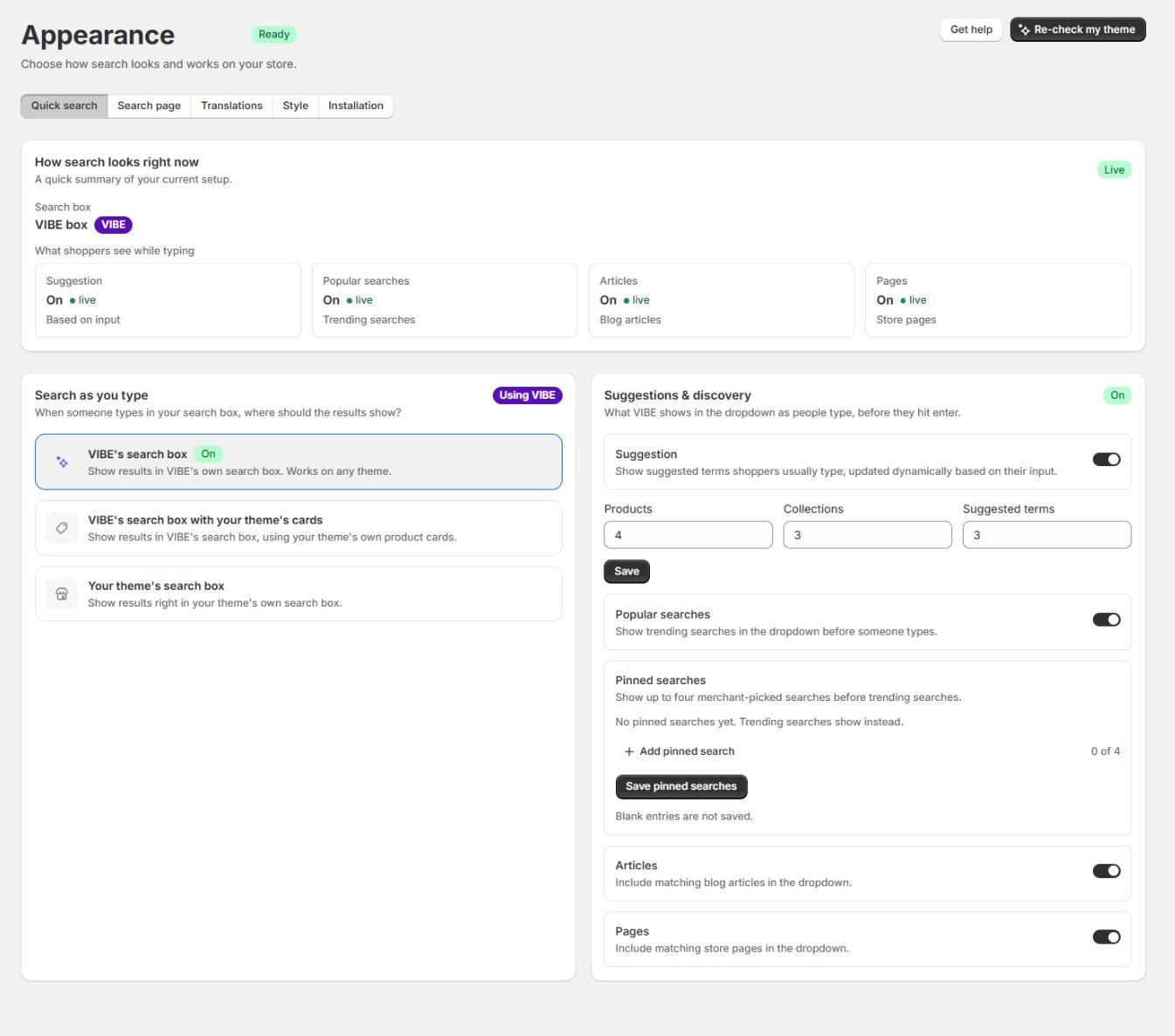 The Quick search tab, showing the current setup summary and where results appear.