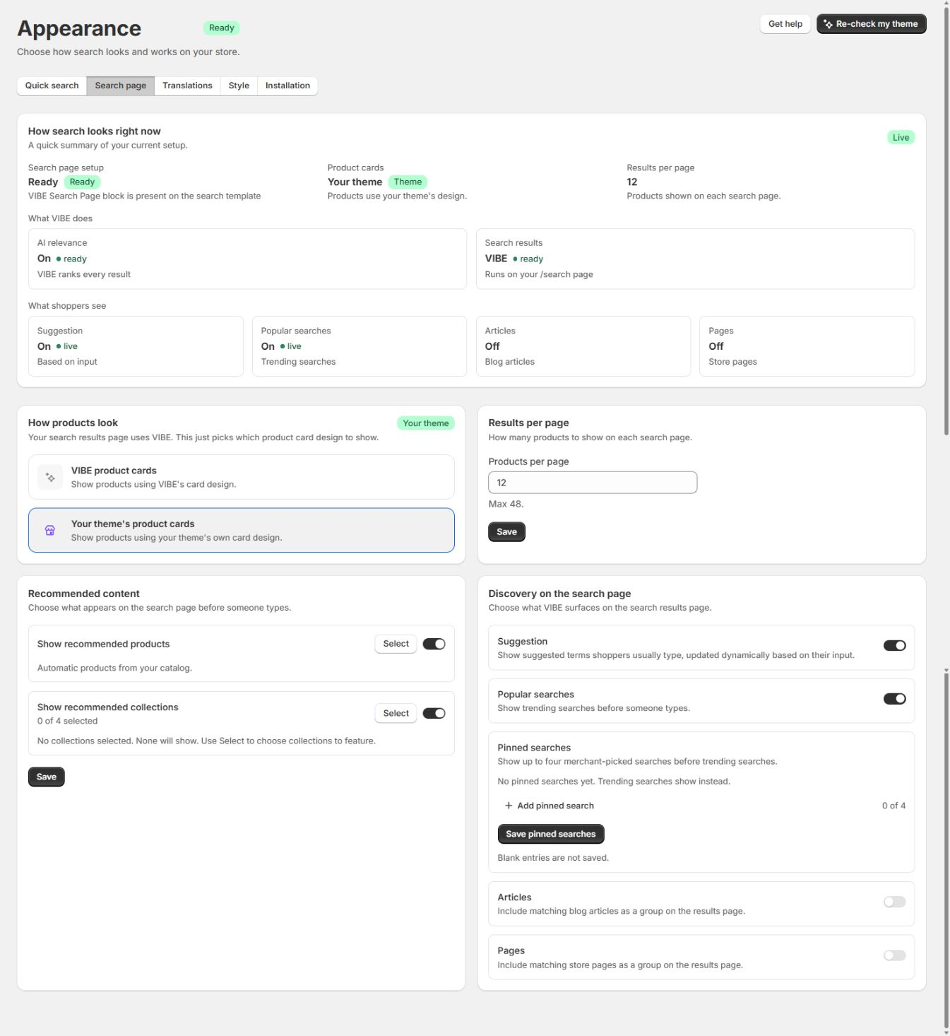 Appearance Search page settings with setup status and product-card options.