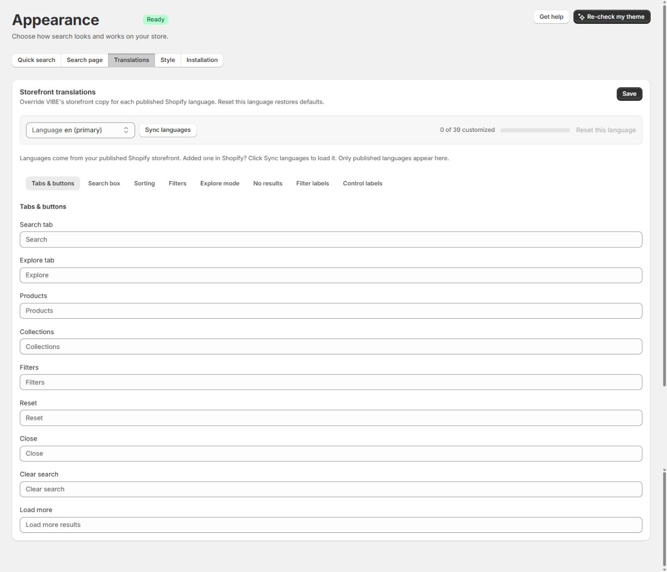 The Translations tab, overriding storefront copy per language.