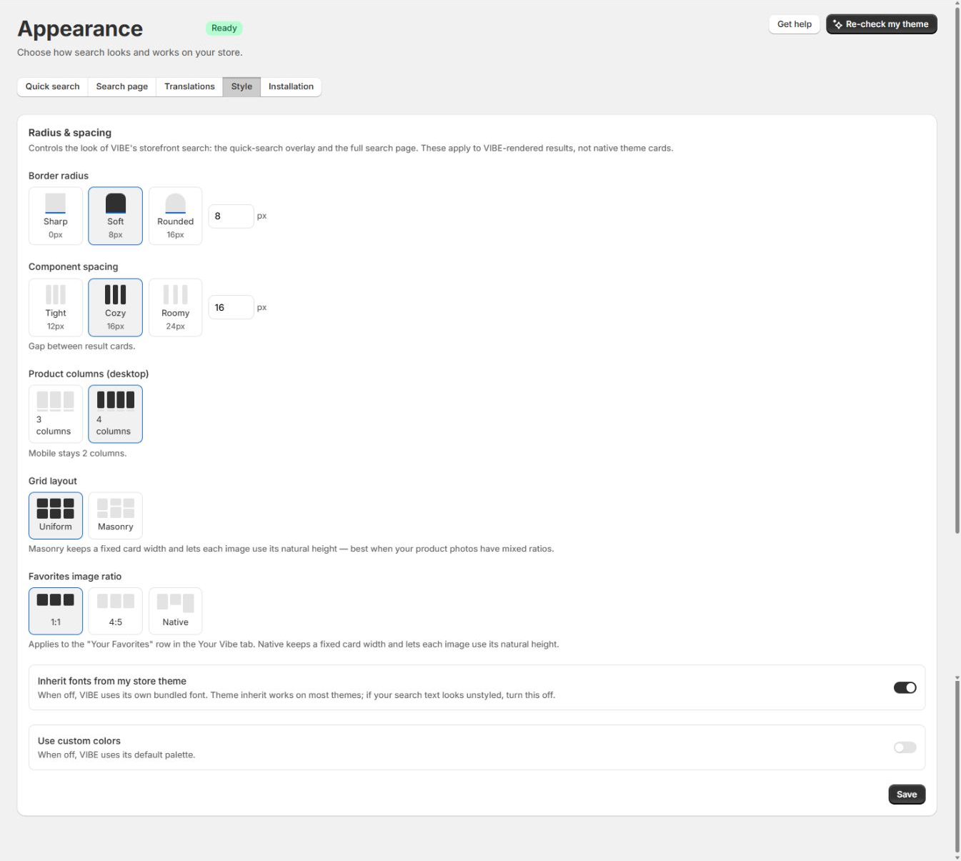 The Style tab, with radius, spacing, columns, fonts, and colors.