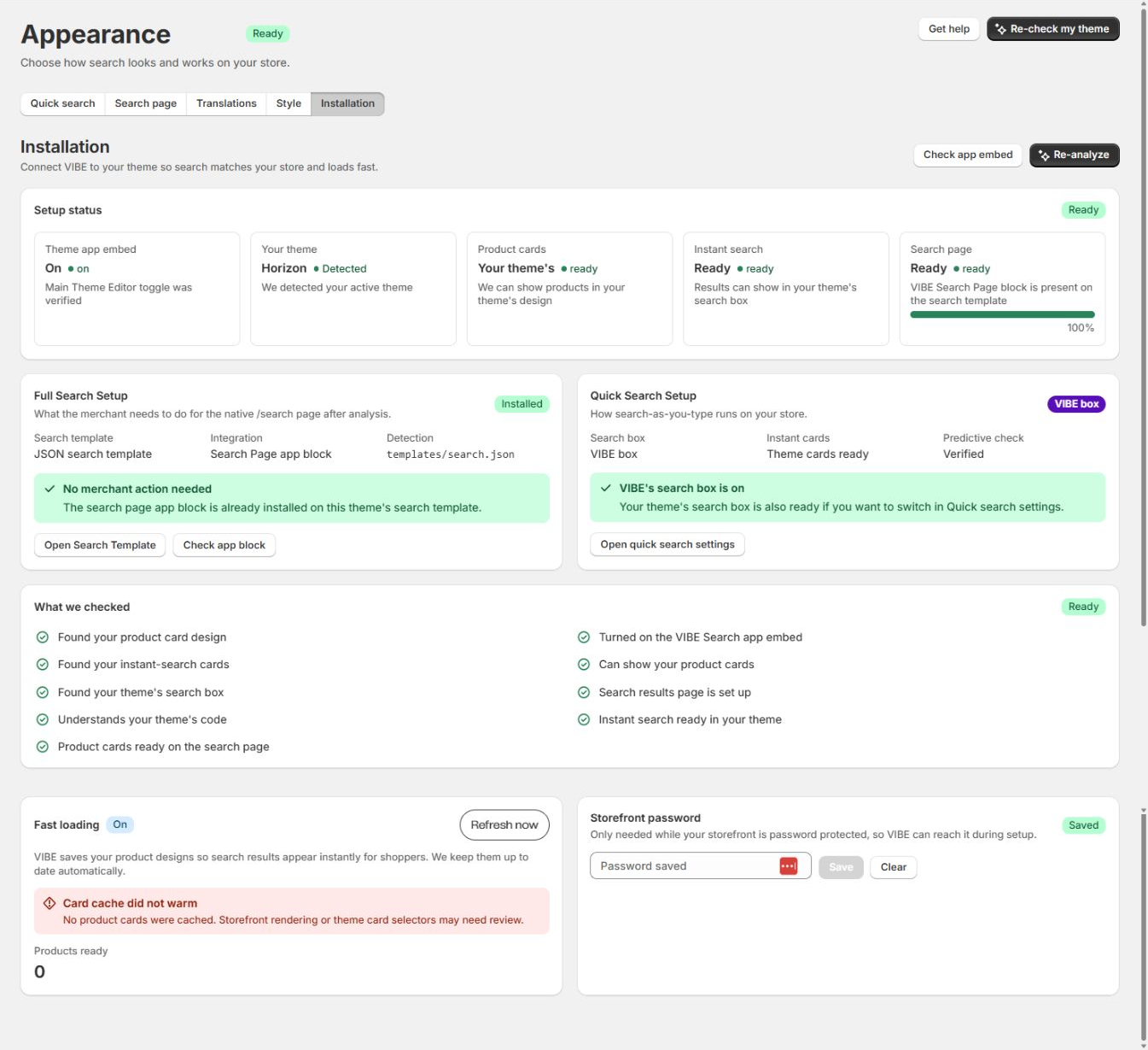 The Installation tab, with theme analysis and the setup checklist.