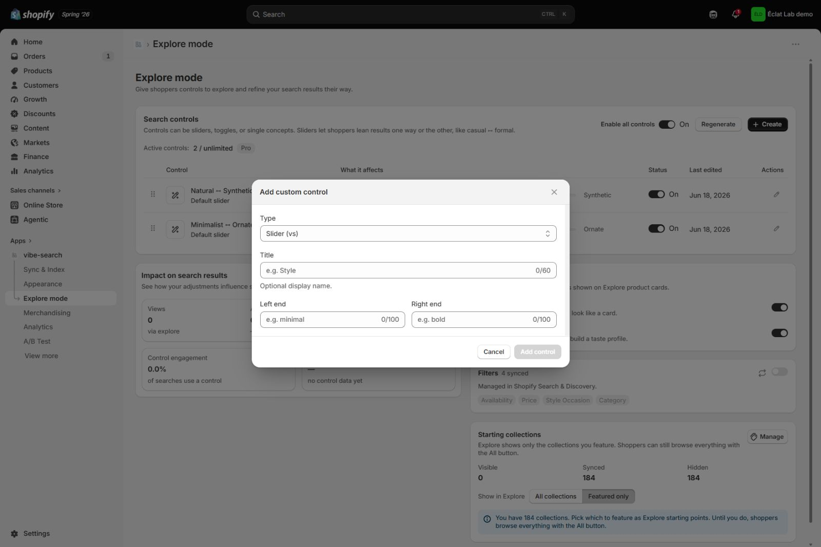 The Add custom control dialog, with the type, title, and end labels.