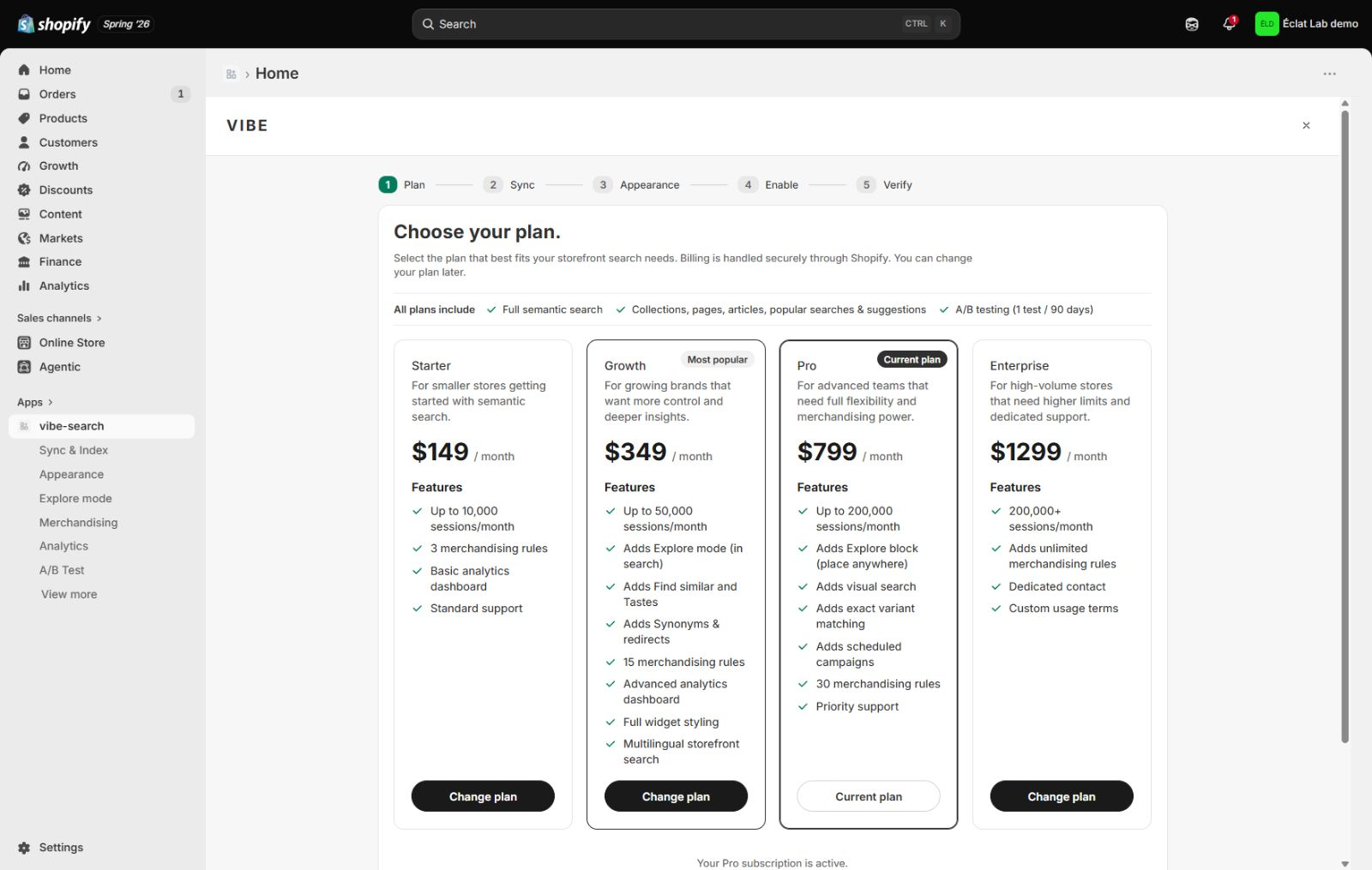 The Plan step, comparing the current VIBE plans, included sessions, features, and subscription actions.