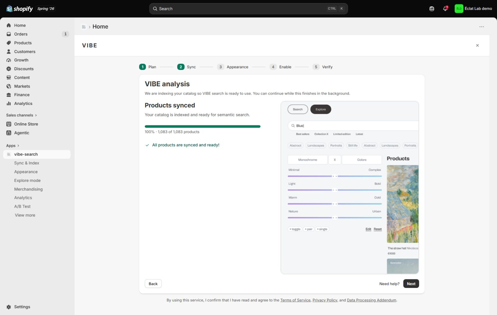 The Sync step, indexing the catalog with a live product count.