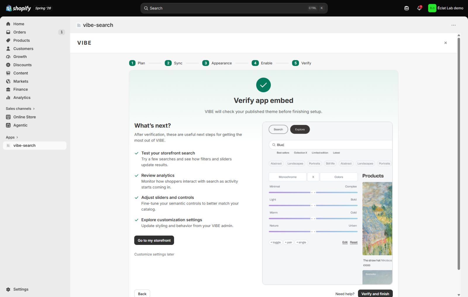 The Verify step, checking the app embed and showing the actions available after setup.