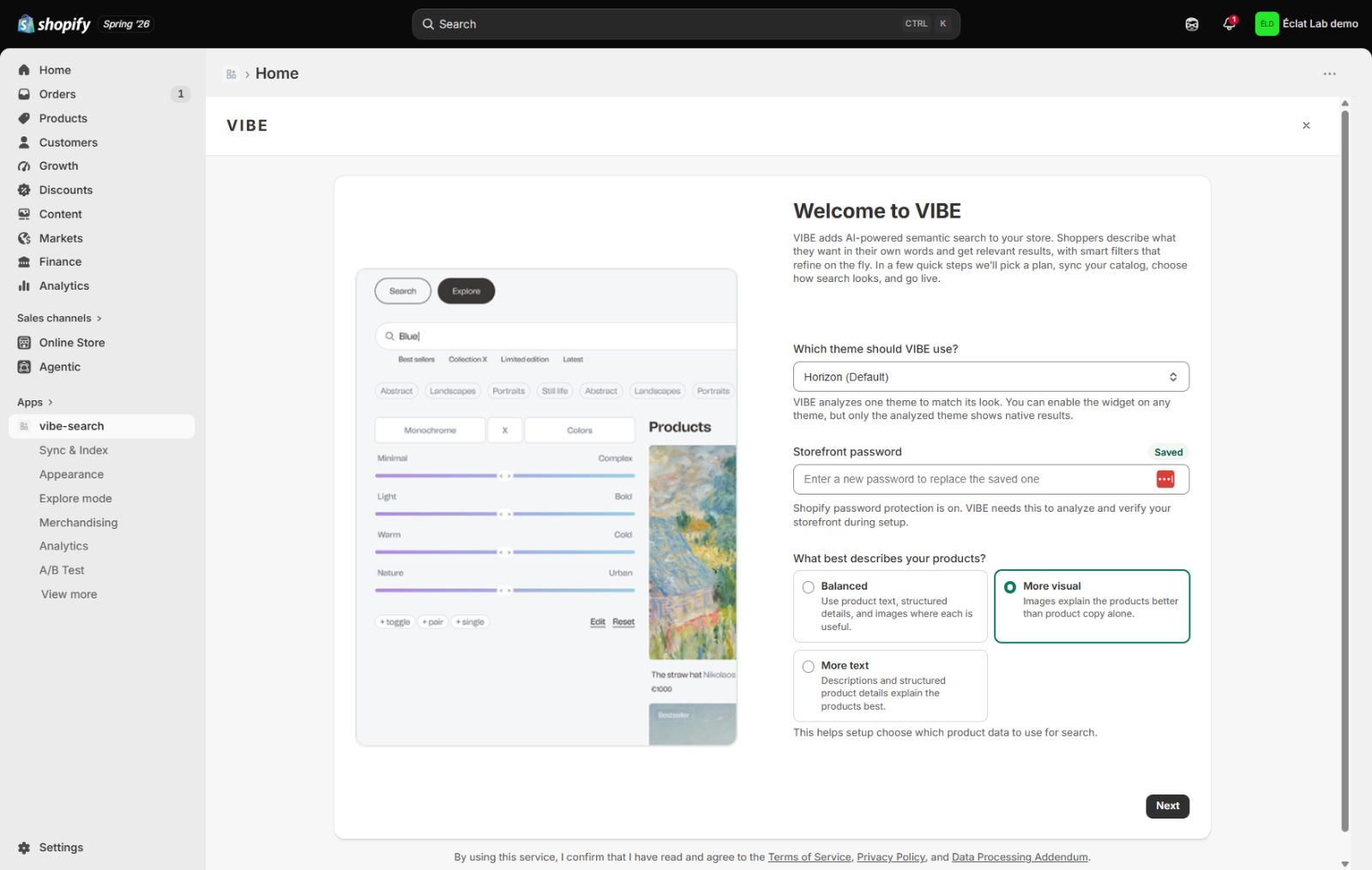 The Welcome screen, with the theme, storefront access, and catalog-understanding choices.