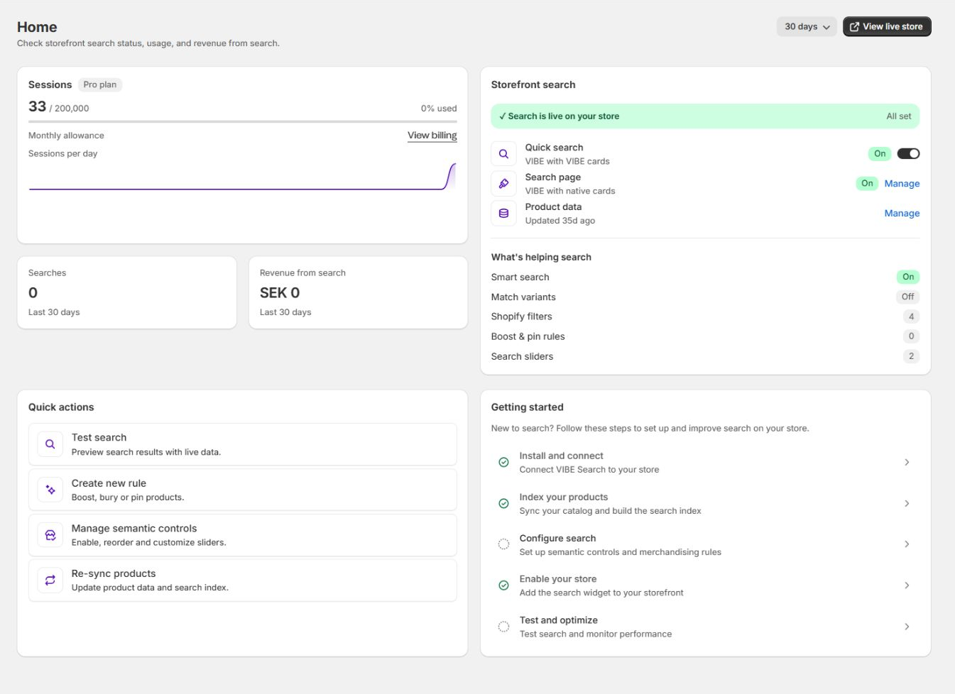 VIBE merchant dashboard with storefront status, usage, and quick actions.