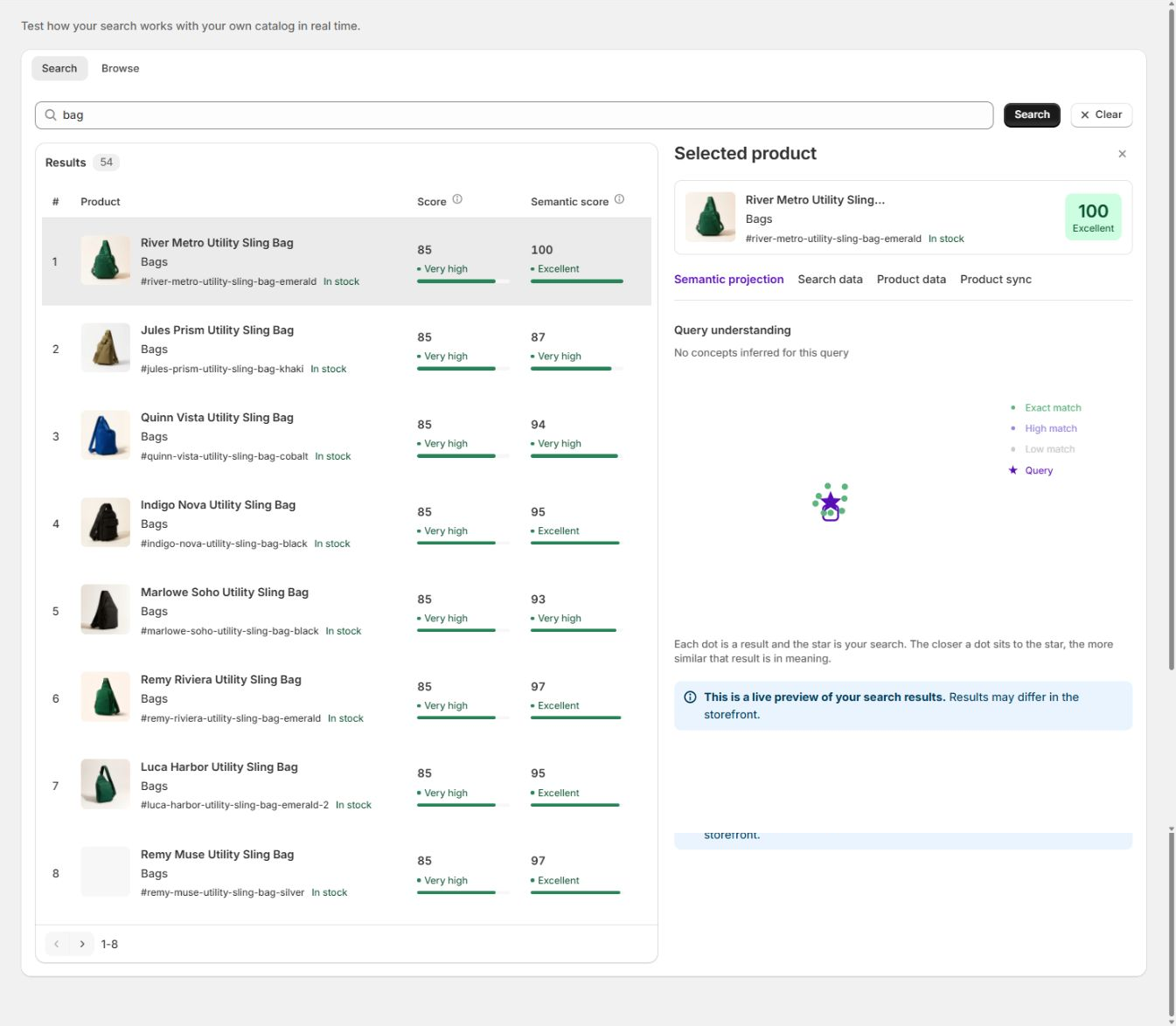Search Preview results for "bag", with relevance and semantic scores and the diagnostic panel.