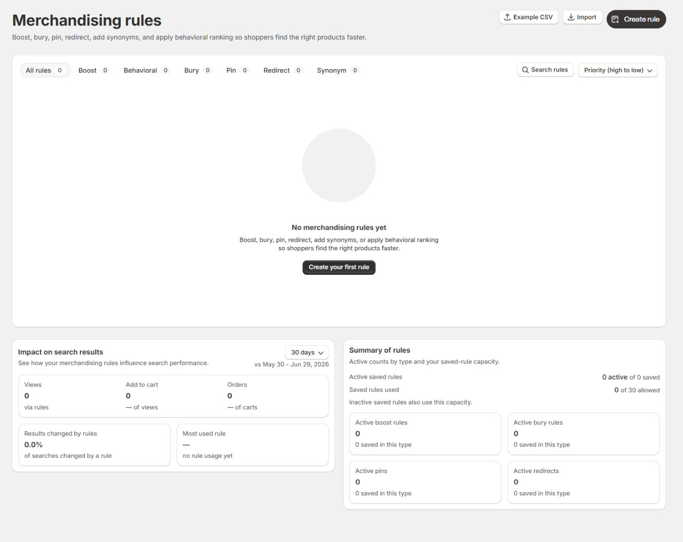 The Merchandising rules page, showing the rules table, filter tabs, and the impact panels below.
