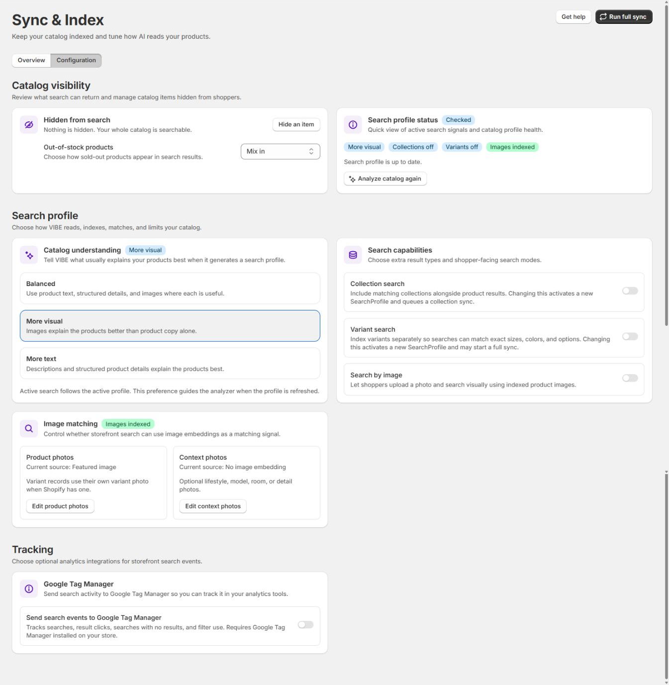 Sync configuration with search capabilities and product-image source controls.