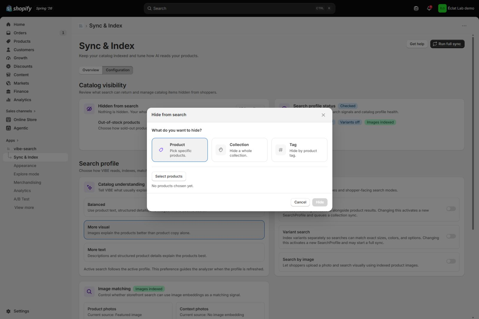 The Hide from search dialog, choosing what to hide by product, collection, or tag.