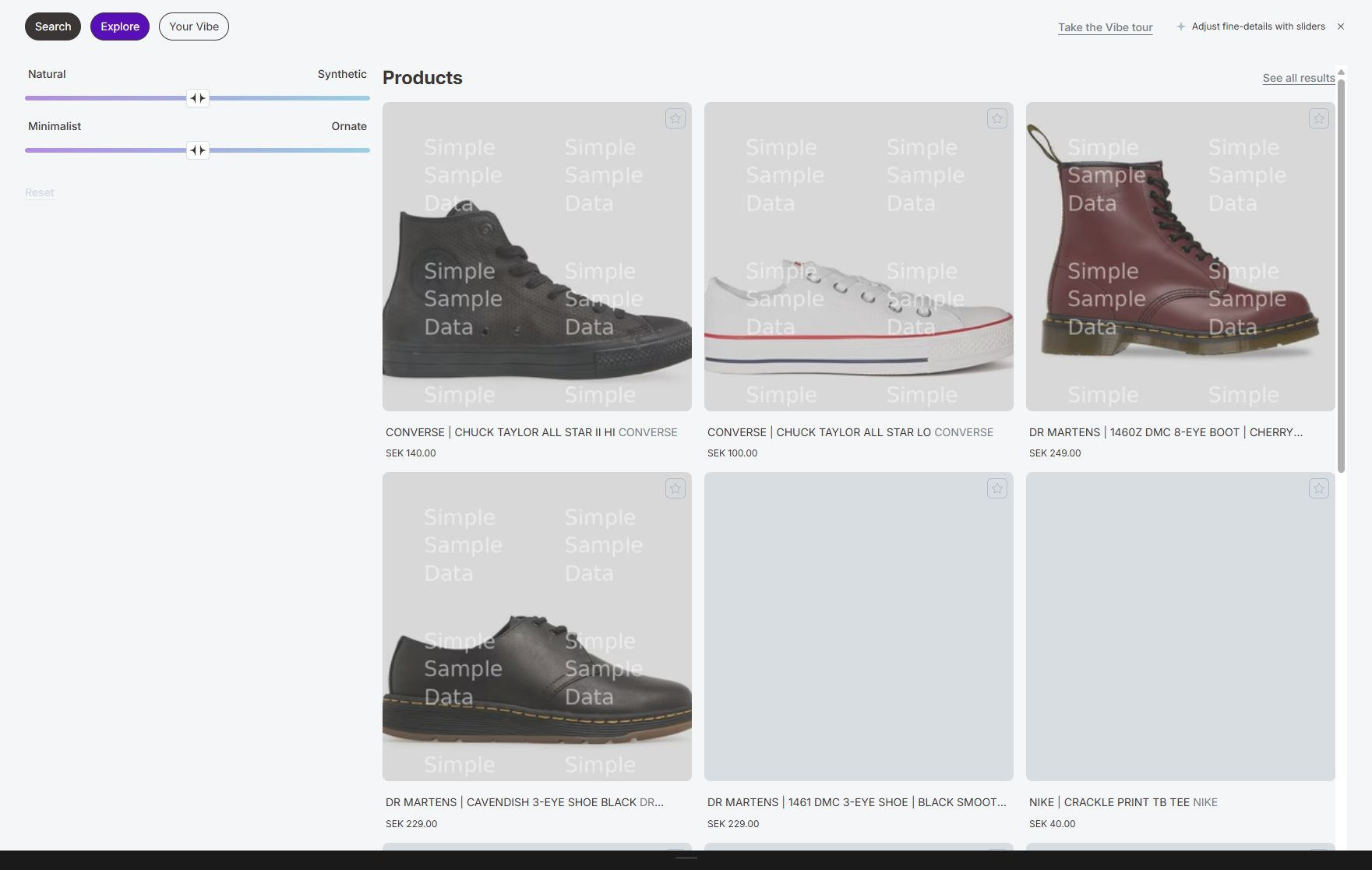 VIBE Explore mode with semantic sliders and a live product grid.
