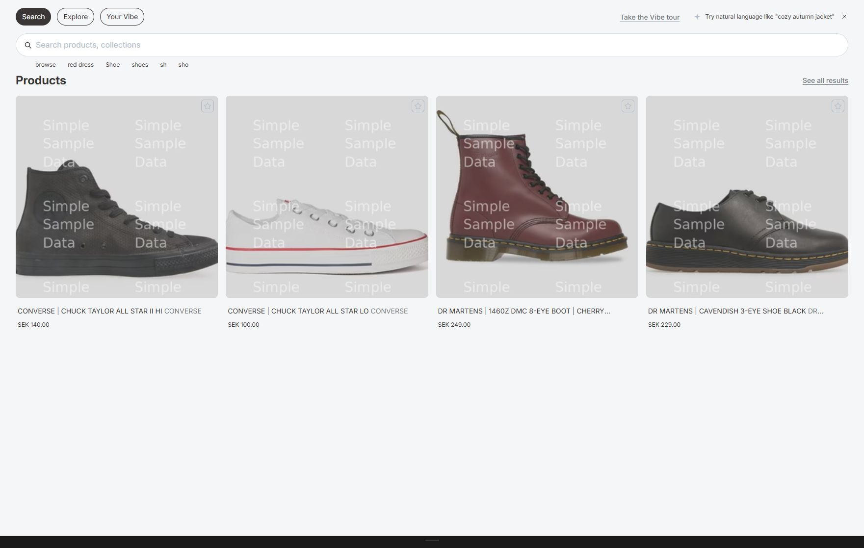 VIBE quick search before typing, with Search, Explore, and Your Vibe tabs, suggestions, and recommended products.