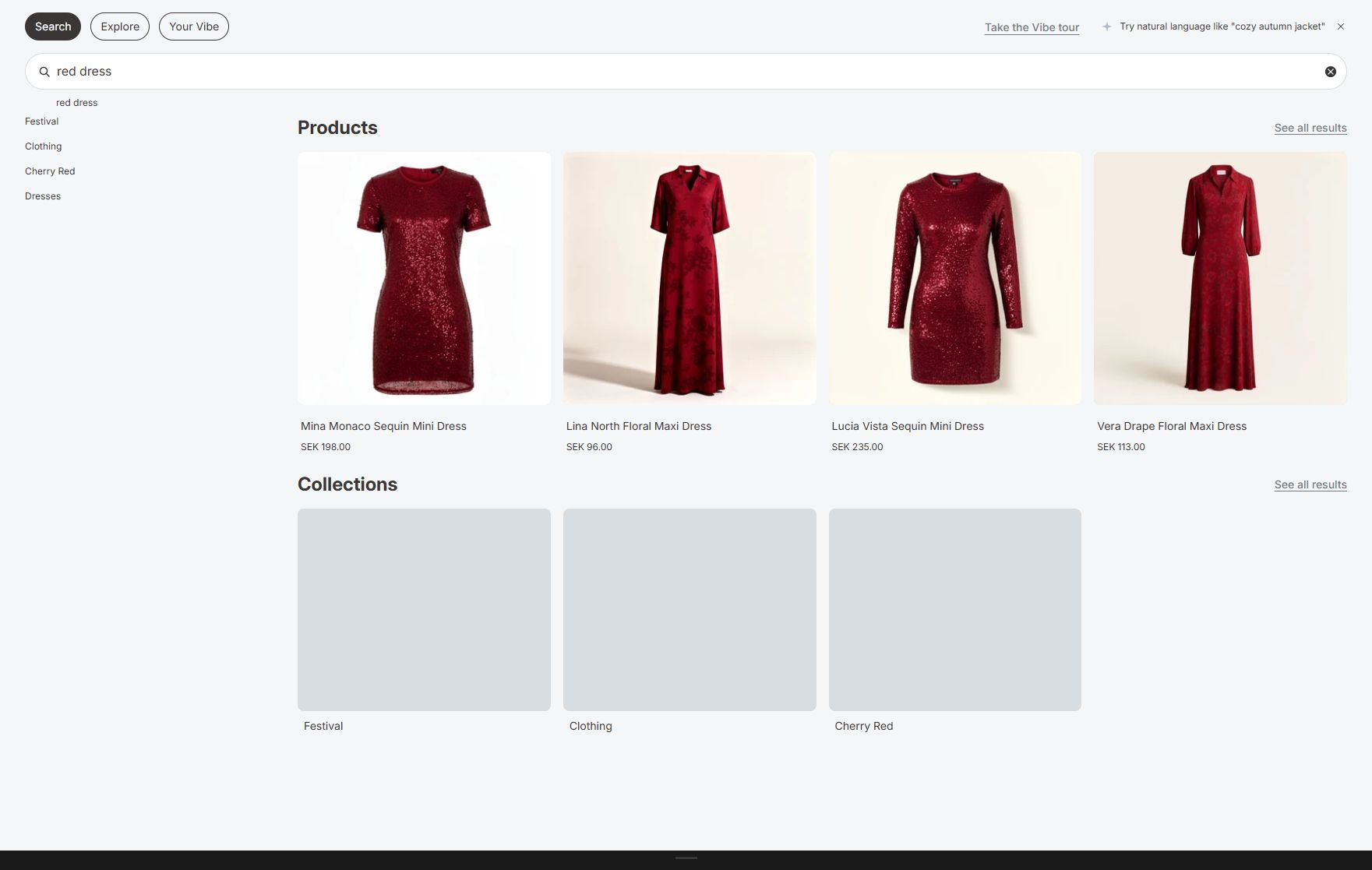 VIBE quick search showing relevant products and collections.